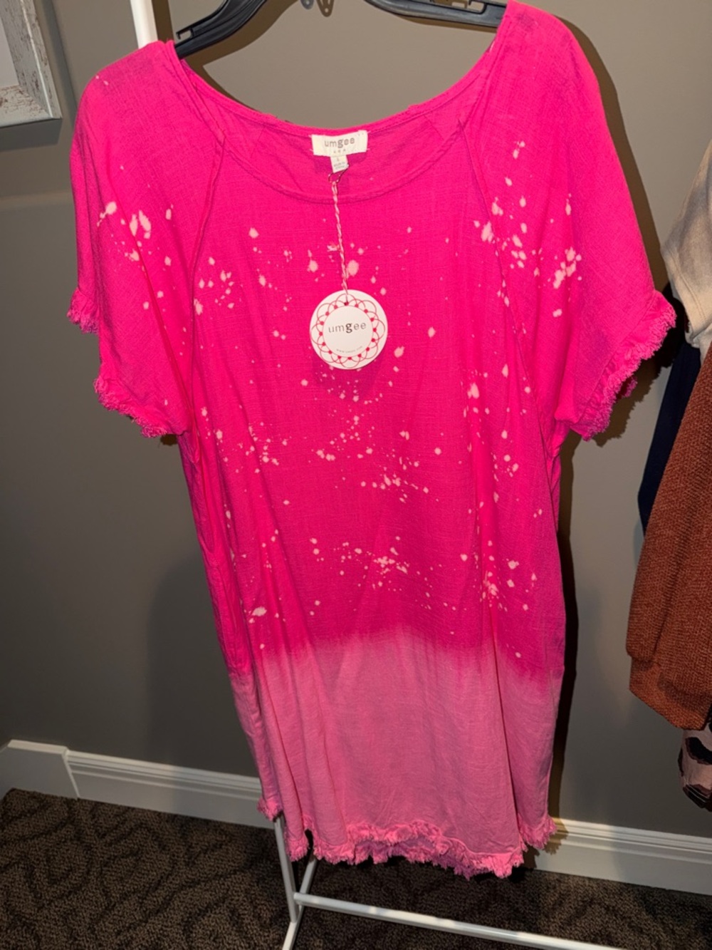 Umgee Hot Pink to Light Pink Dip-Dye Tee Dress with Bleach Splatter